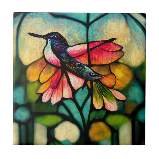 Stained glass hummingbird ceramic tile (Front)