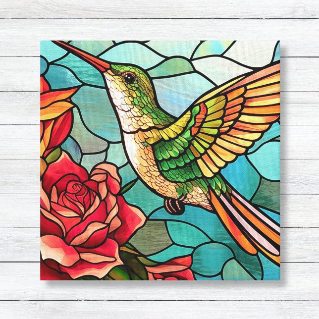 Stained Glass Hummingbird Floral Canvas Print (Stained Glass Hummingbird with Roses - Kitchen Wall Canvas Art)