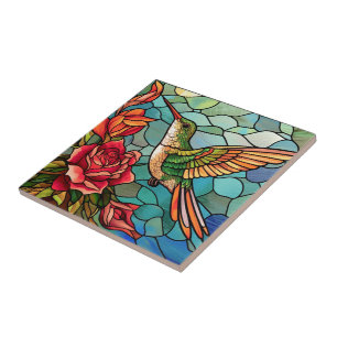 Stained Glass Hummingbird Floral Ceramic Tile