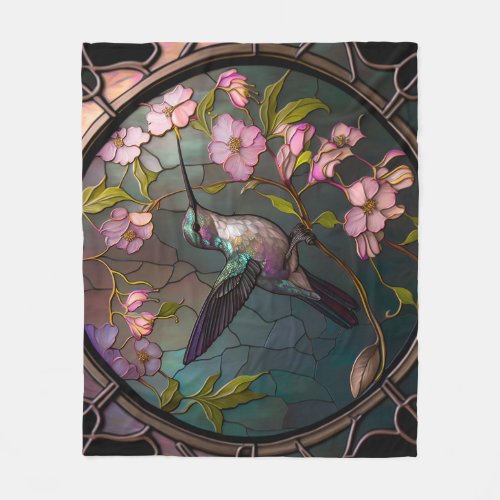 Stained Glass Hummingbird Pattern Spring Flowers Fleece Blanket