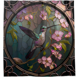 Stained Glass Hummingbird Pattern Spring Flowers Shower Curtain