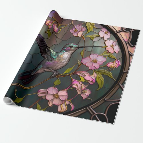 Stained Glass Hummingbird Pattern Spring Flowers Wrapping Paper