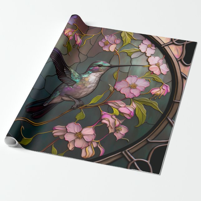 Stained Glass Hummingbird Pattern Spring Flowers Wrapping Paper (Unrolled)