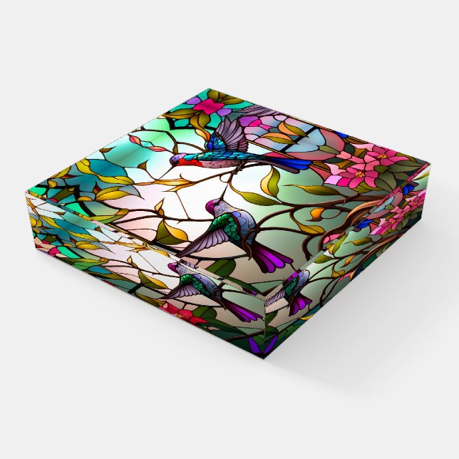 Stained Glass Hummingbirds Paperweight (Angled)