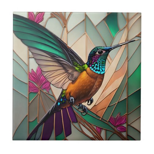 Stained Glass Illustration of a Hummingbird  Ceramic Tile