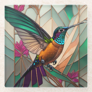 Stained Glass Illustration of a Hummingbird Glass Coaster