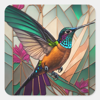 Stained Glass Illustration of a Hummingbird  Square Sticker