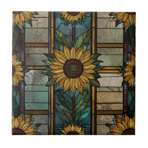 Stained Glass Illustration Sunflower Pattern Ceramic Tile
