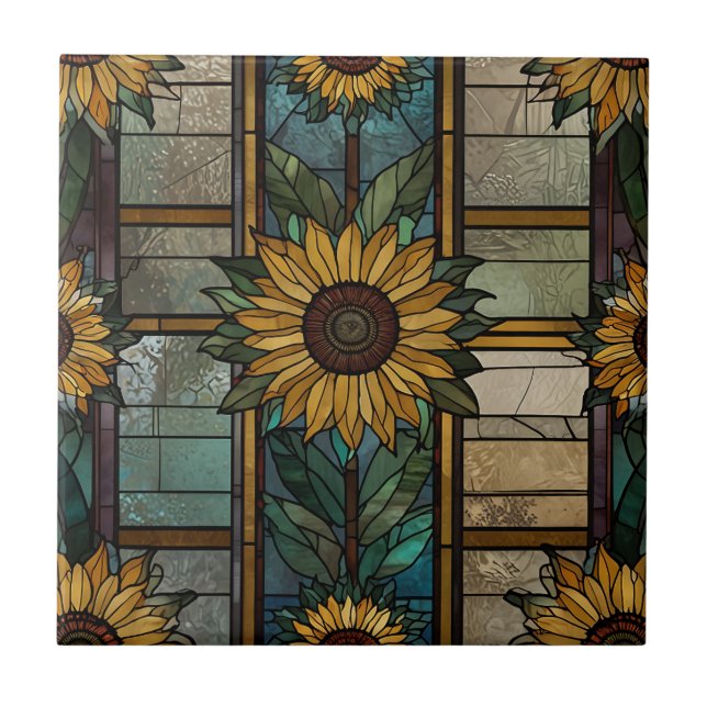 Stained Glass Illustration Sunflower Pattern Ceramic Tile (Front)
