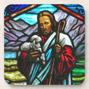 Stained glass image of Jesus and lambs Beverage Coaster