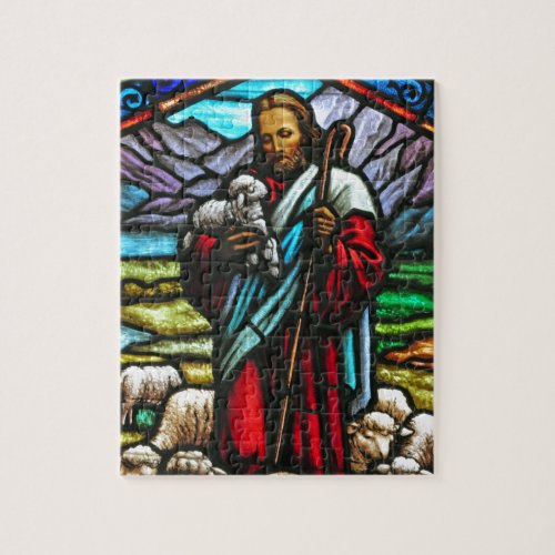 Stained glass image of Jesus and lambs Jigsaw Puzzle