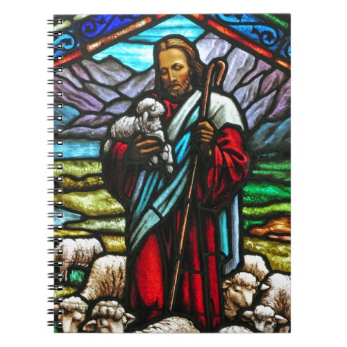 Stained glass image of Jesus and lambs Notebook