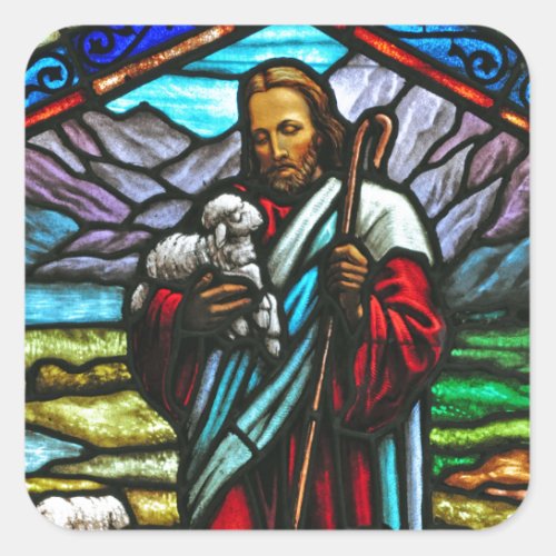 Stained glass image of Jesus and lambs Square Sticker