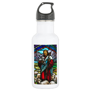 Stained glass image of Jesus and lambs Water Bottle