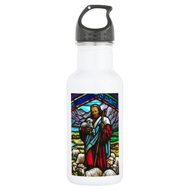 Stained glass image of Jesus and lambs Water Bottle (Front)