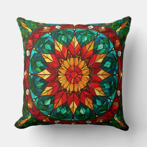 Stained Glass Inspired Starburst Mosaic Throw Pillow