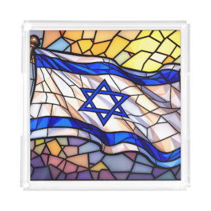 Stained Glass Israel Flag Mosaic Judaica Art  Acrylic Tray