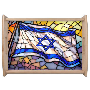 Stained Glass Israel Flag Mosaic Judaica Art  Serving Tray