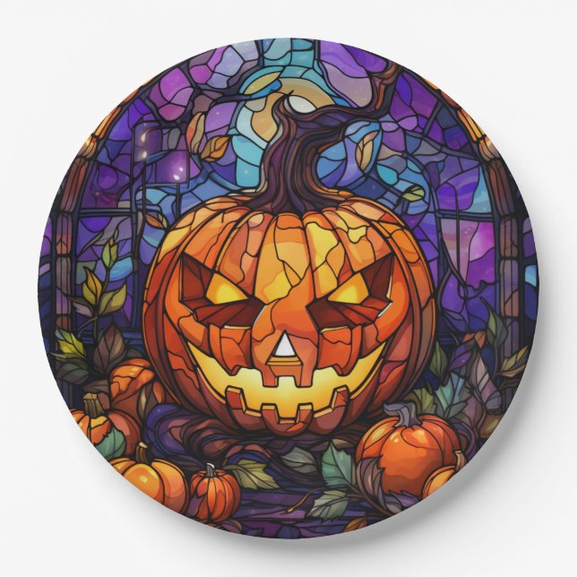 Stained Glass Jack-o'-Lantern: Spooky Elegance Paper Plates (Front)