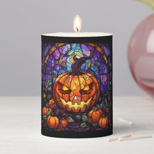Stained Glass Jack-o'-Lantern: Spooky Elegance Pillar Candle (In Situ)