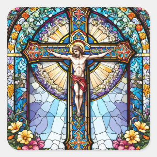 Stained Glass Jesus on Cross with Flowers Square Sticker