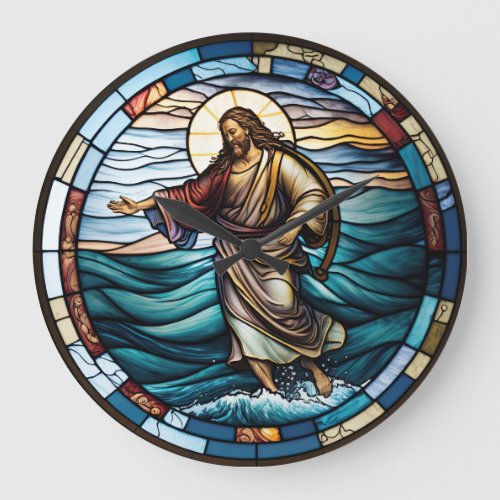 Stained Glass Jesus Walking on Water Design Clock