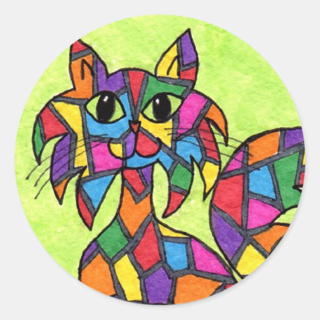 Stained Glass Kitty Classic Round Sticker (Front)