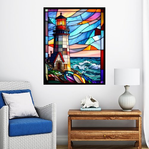 Stained Glass Lighthouse at Sunset Poster