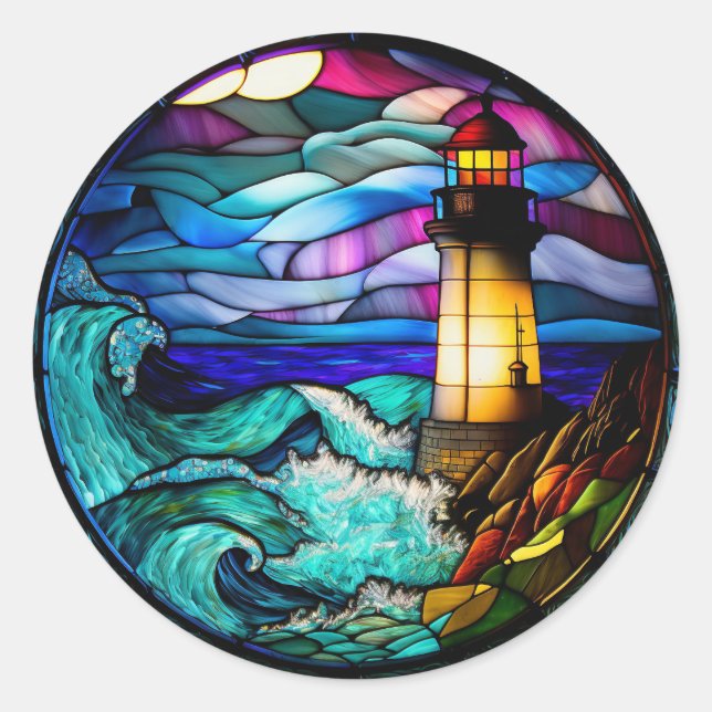 Stained Glass Lighthouse Classic Round Sticker (Front)