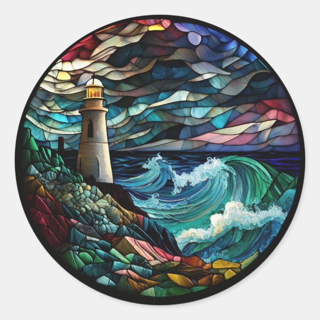 Stained Glass Lighthouse Classic Round Sticker (Front)
