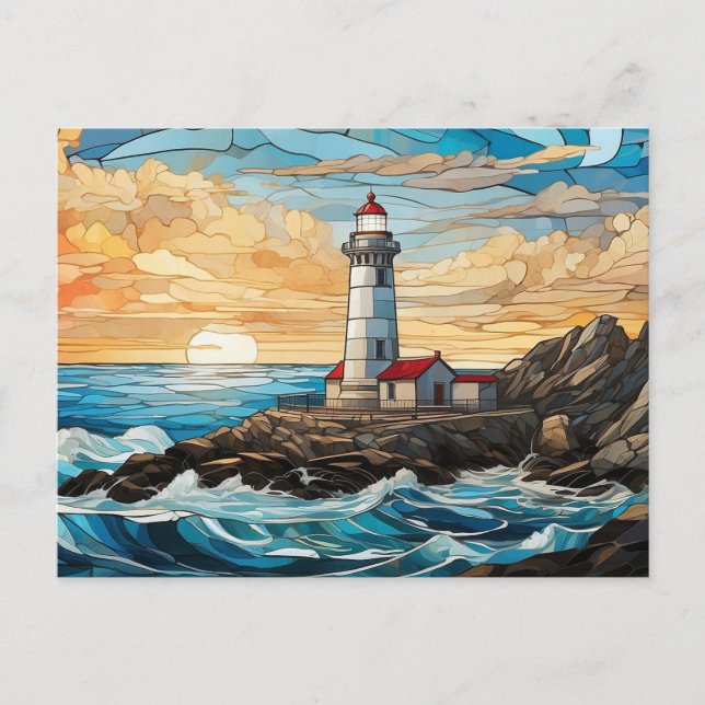 Stained Glass Lighthouse on the Rock  Postcard (Front)