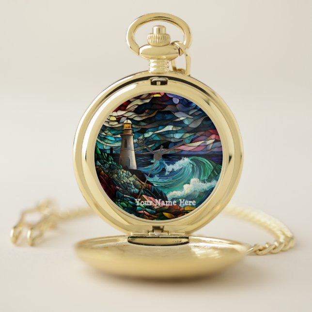 Stained Glass Lighthouse Pocket Watch (Inside)
