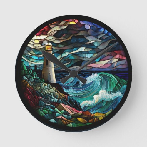 Stained Glass Lighthouse Round Clock