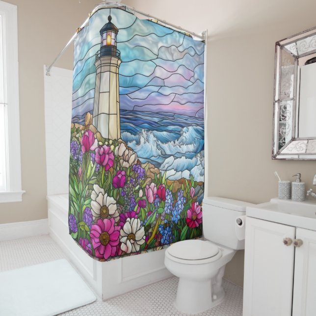 Stained Glass Lighthouse Shower Curtain (In Situ)