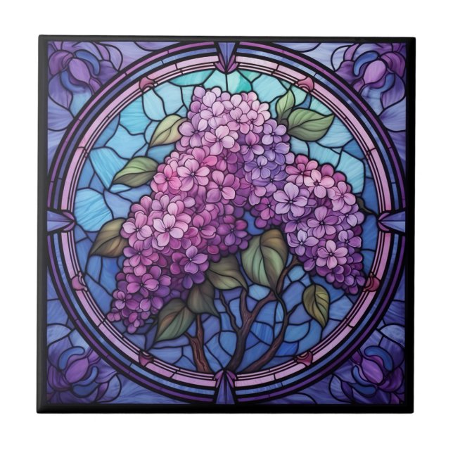 Stained Glass Lilac Blossoms Ceramic Tile (Front)