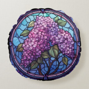 Stained Glass Lilac Blossoms Round Pillow