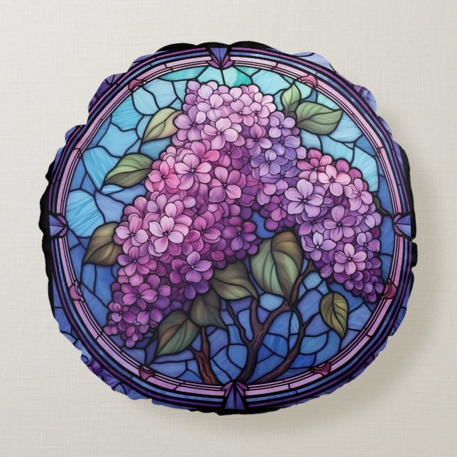 Stained Glass Lilac Blossoms Round Pillow (Front)
