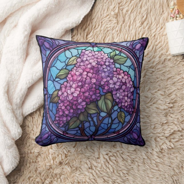 Stained Glass Lilac Blossoms Throw Pillow (Blanket)