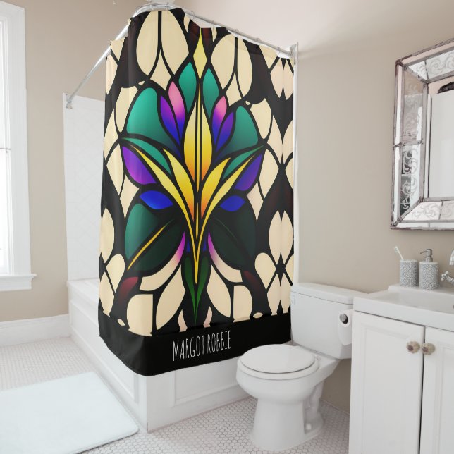 Stained glass lily Green Mosaic Pattern Shower Curtain (In Situ)