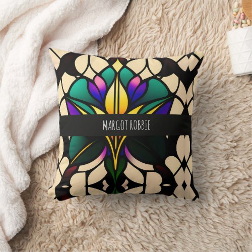 Stained glass lily Green Mosaic Pattern Throw Pillow