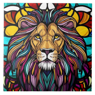 Stained Glass Lion Illustration Ceramic Tile