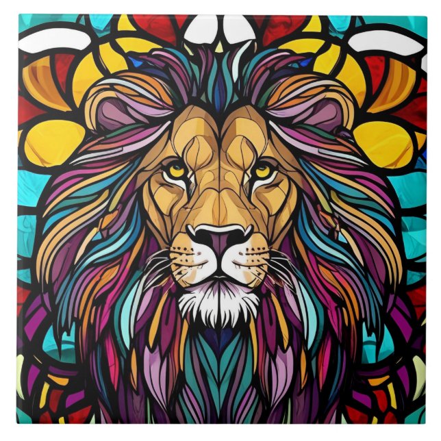 Stained Glass Lion Illustration  Ceramic Tile (Front)