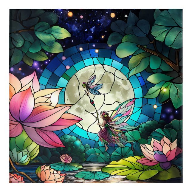 Stained Glass Little Fairy With Dragonfly Acrylic Print (Front)
