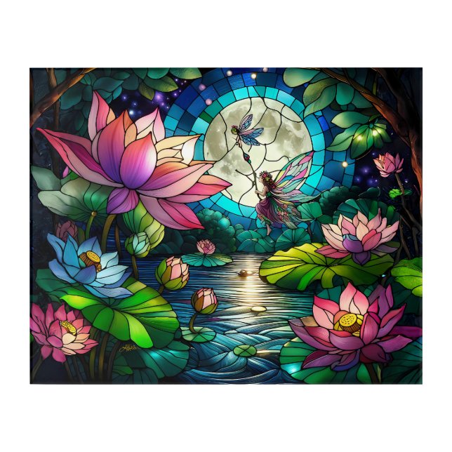 Stained Glass Little Fairy With Dragonfly Acrylic Print (Front)