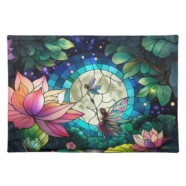 Stained Glass Little Fairy With Dragonfly Cloth Placemat (Front)