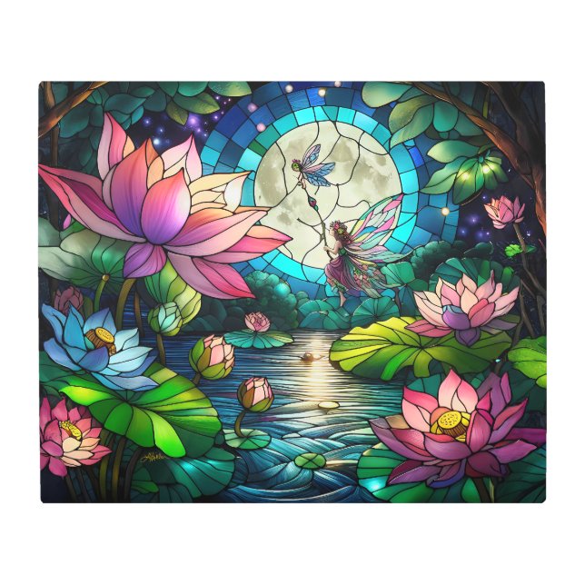 Stained Glass Little Fairy With Dragonfly Metal Print (Front)