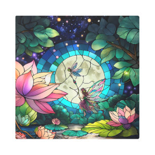 Stained Glass Little Fairy With Dragonfly Metal Print