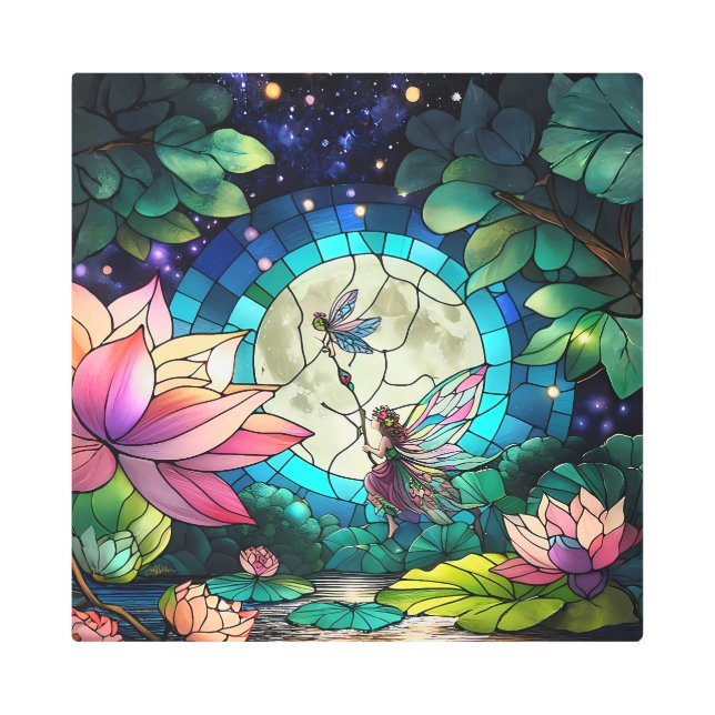 Stained Glass Little Fairy With Dragonfly Metal Print (Front)