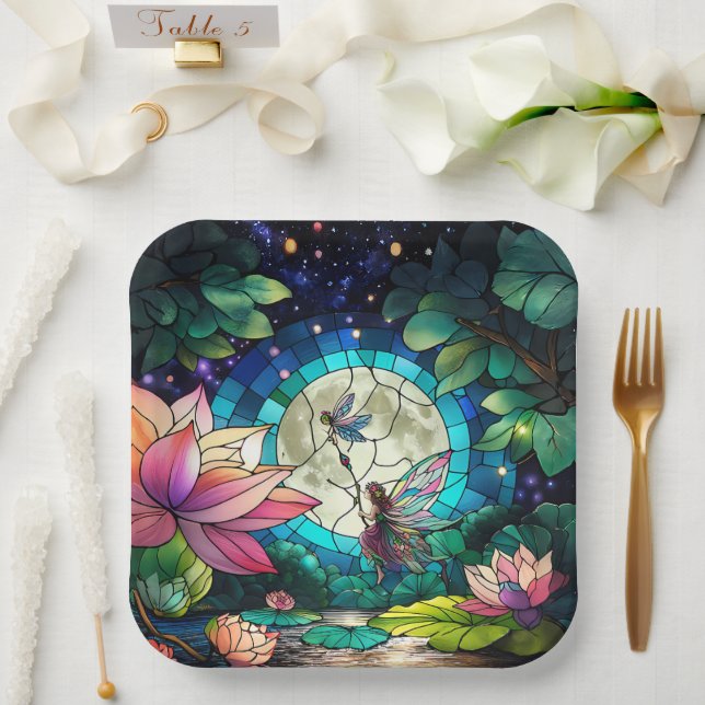 Stained Glass Little Fairy With Dragonfly Paper Plates (Wedding)