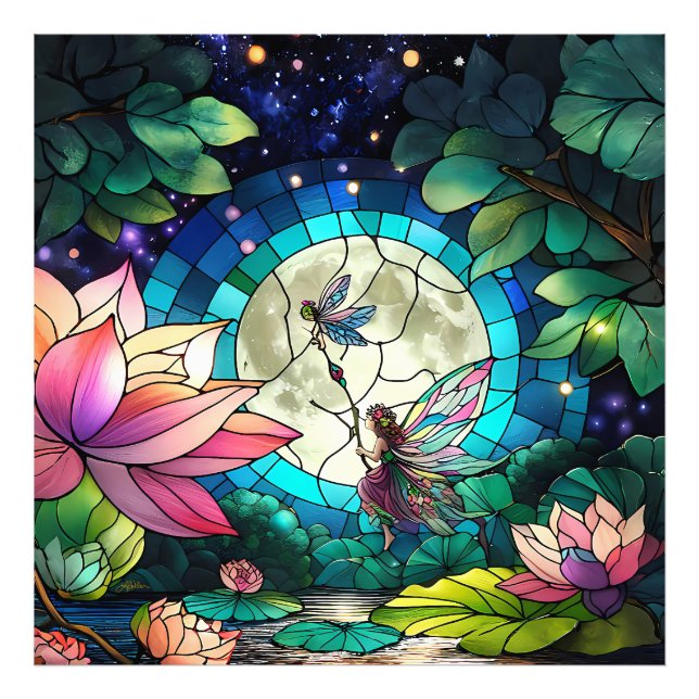 Stained Glass Little Fairy With Dragonfly Photo Print (Front)